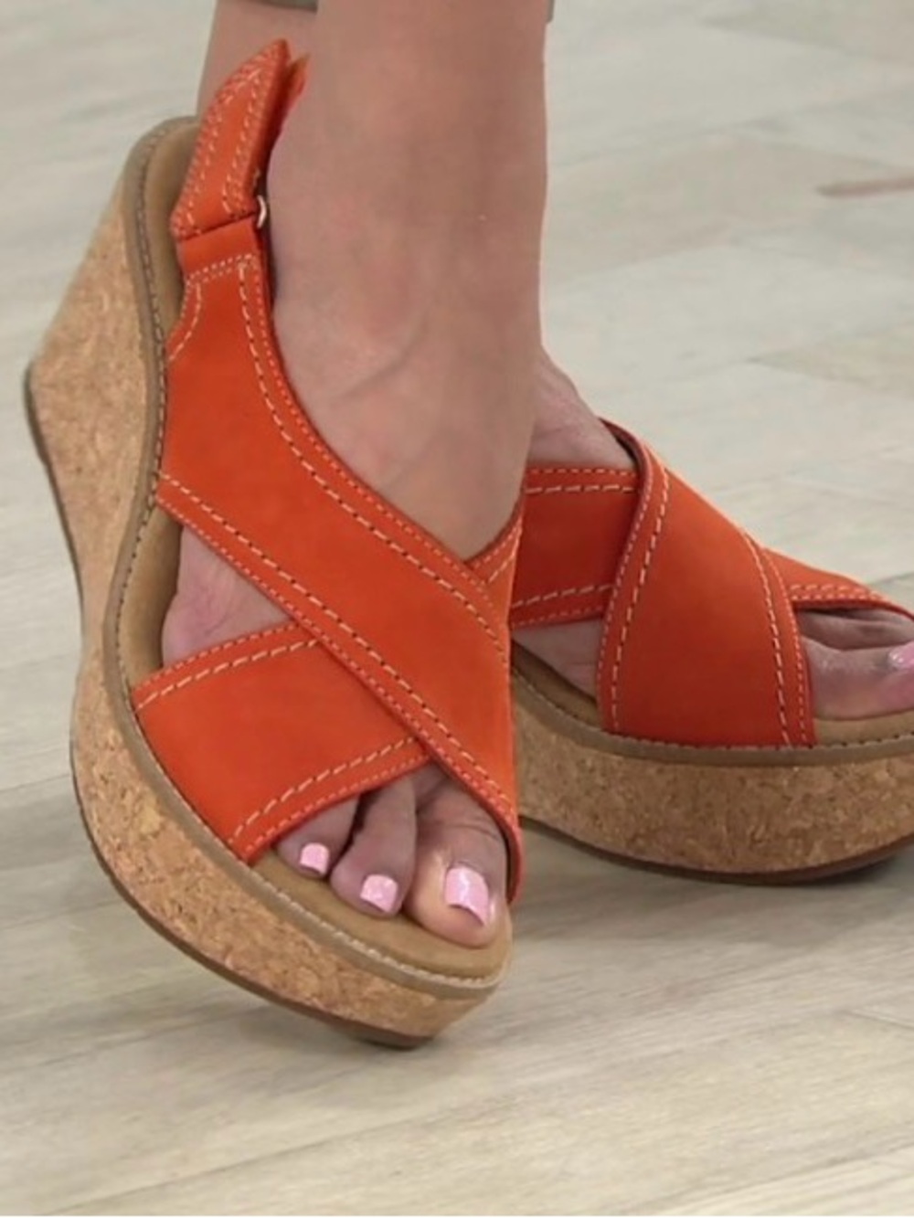 Clarks Orange Suede Cork Wedge Sandals